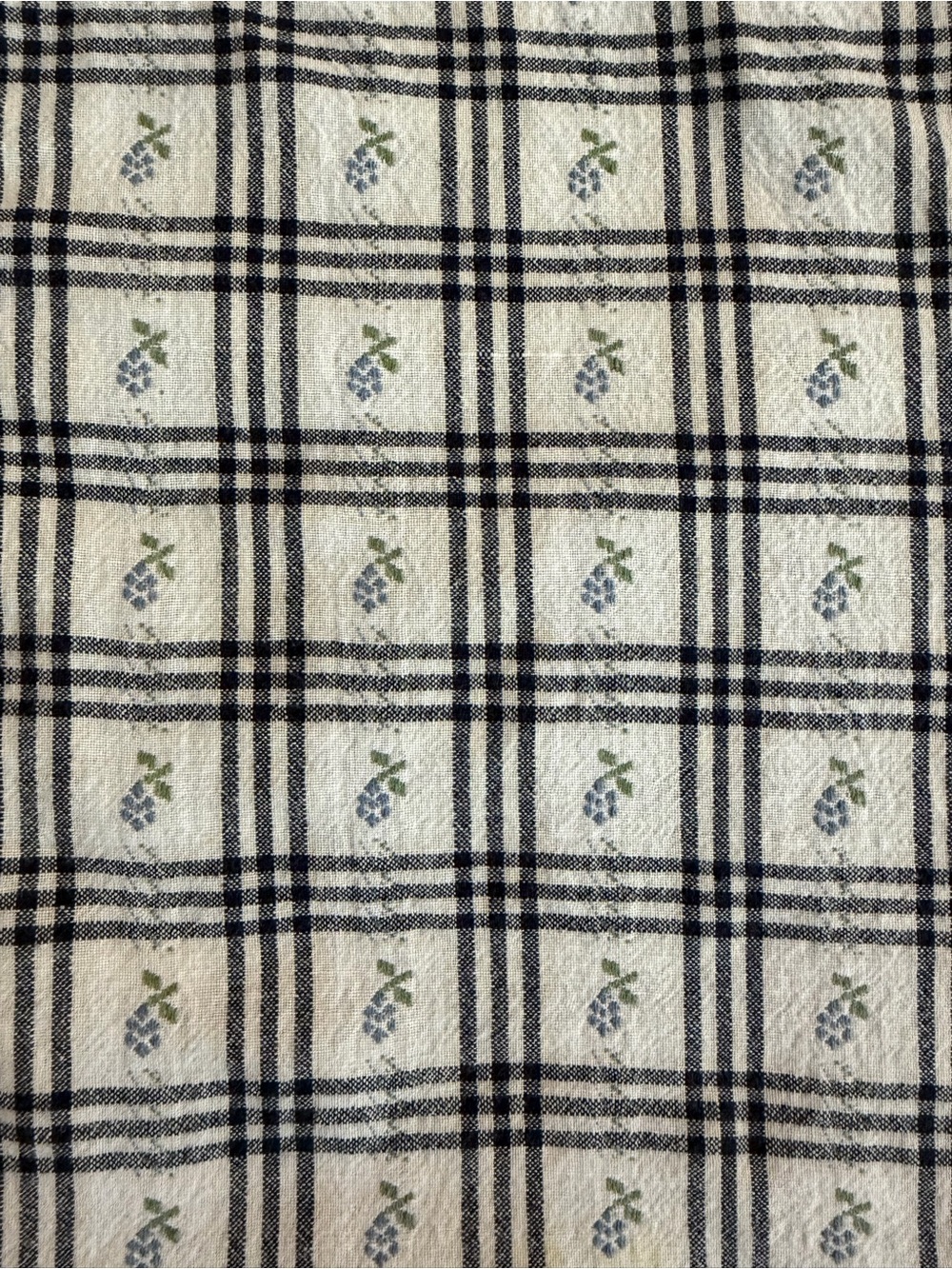 🪻Vintage Cream and Navy Plaid Shirt with Delicate Floral Details